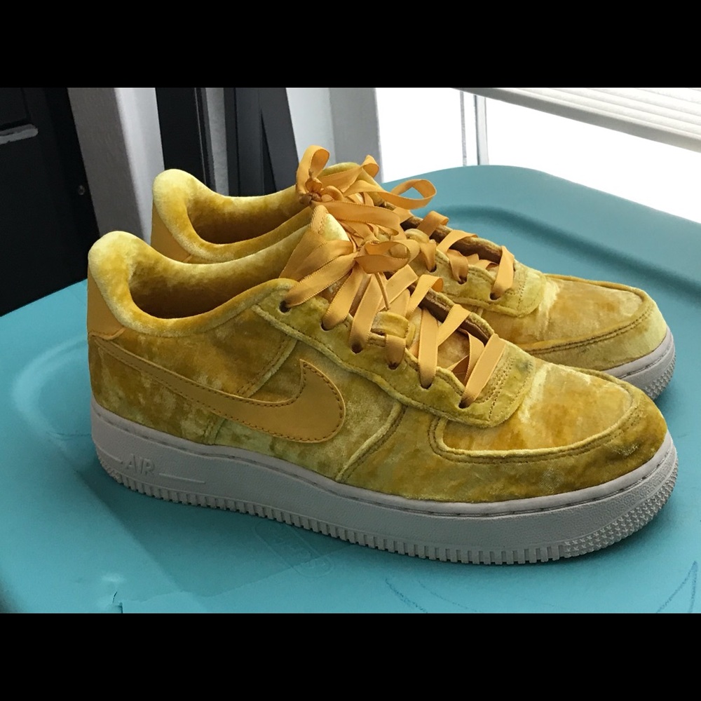 Yellow velvet Air Force ones